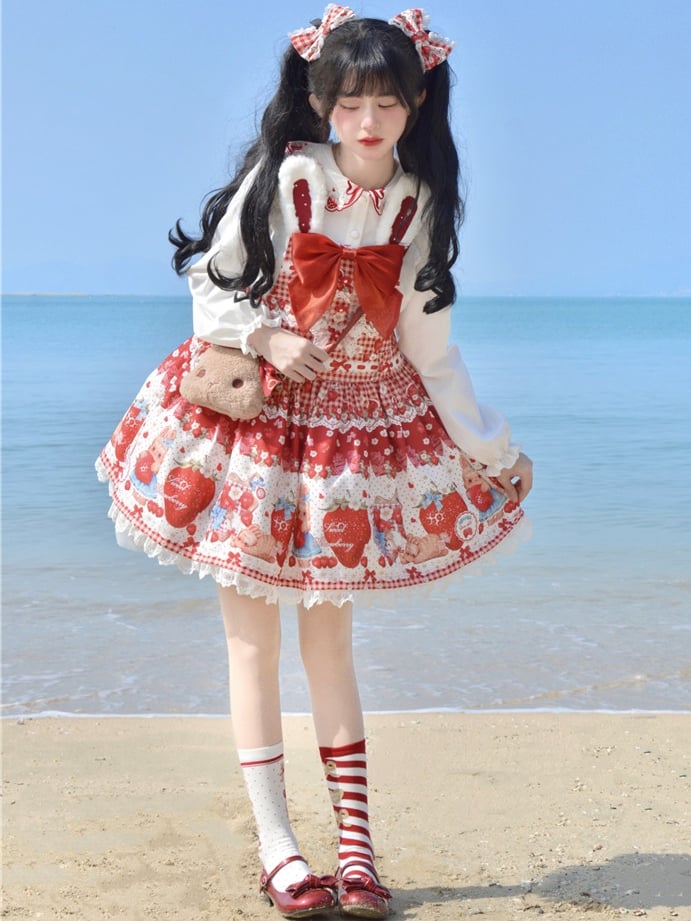 Spring Strawberry and Rabbit Print Big Bow Rabbit Ears Wine Red Sweet Lolita Overall Dress