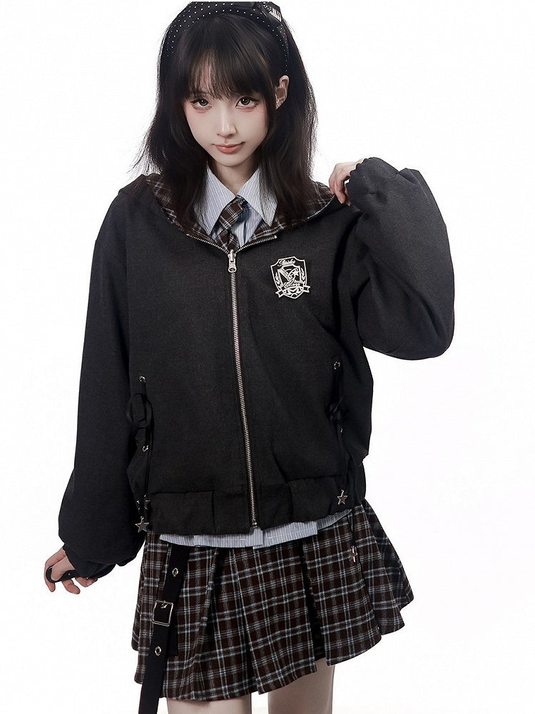 Preppy Kawaii Reversible Dark Gray Plaid Hooded Jacket - PINK SAVIOR