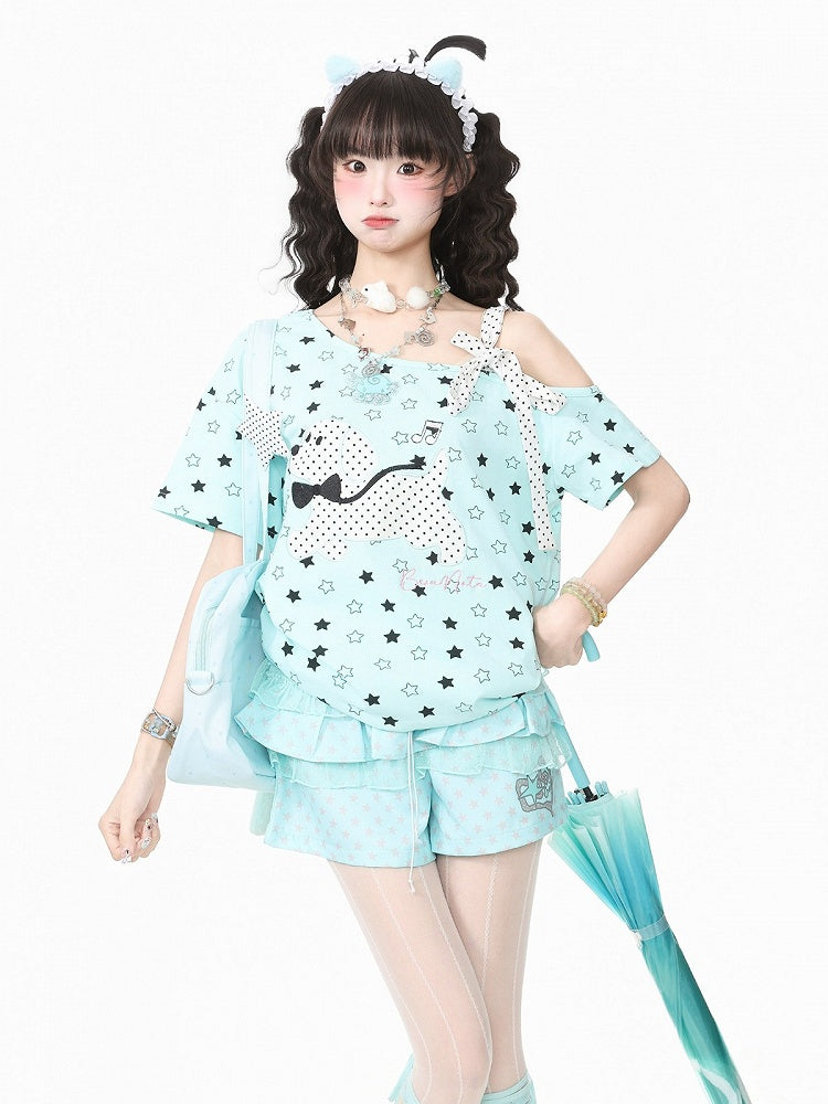 Blue Asymmetric Tee with Star Print & Puppy Patch - Languid Park