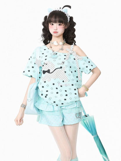 Blue Asymmetric Tee with Star Print & Puppy Patch - Languid Park