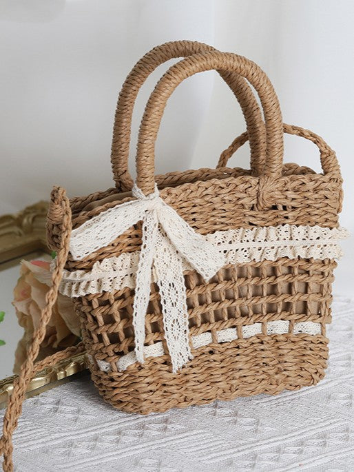 Lace Beige/Khaki Straw Detail Bag Lolita Country