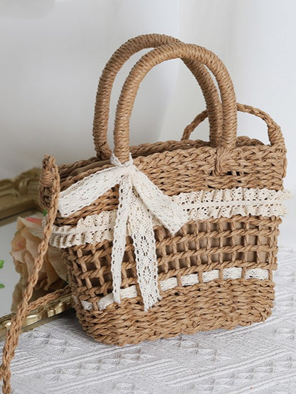 Lace Beige/Khaki Straw Detail Bag Lolita Country