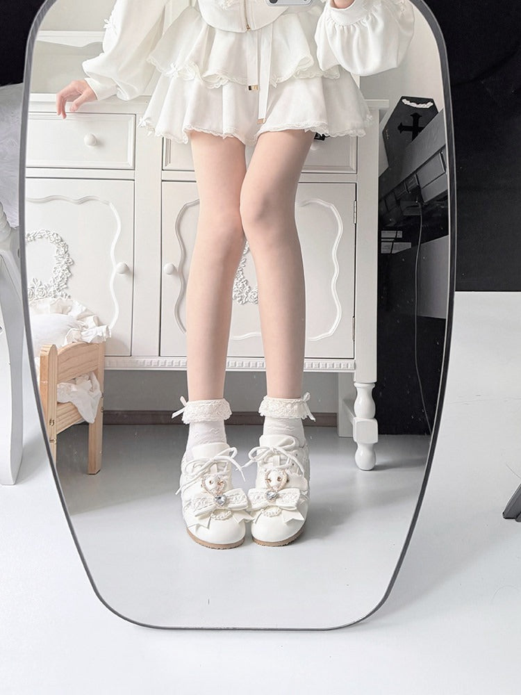 White Jirai Kei Style Shoes with Heart Buckle & Crystal Embellishments - Transfer Student