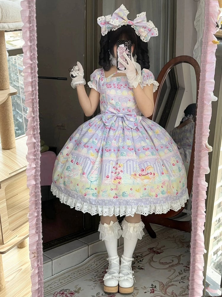 Lila Sommer und Eiscreme Lolita Sweet Cherry Kleid Print