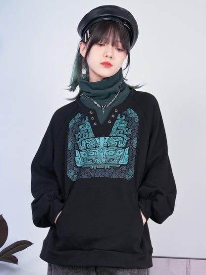 Black Collar Top Motif High with Kangaroo Cheongsam Bronze Green Pocket Faux Two-Piece Gothic