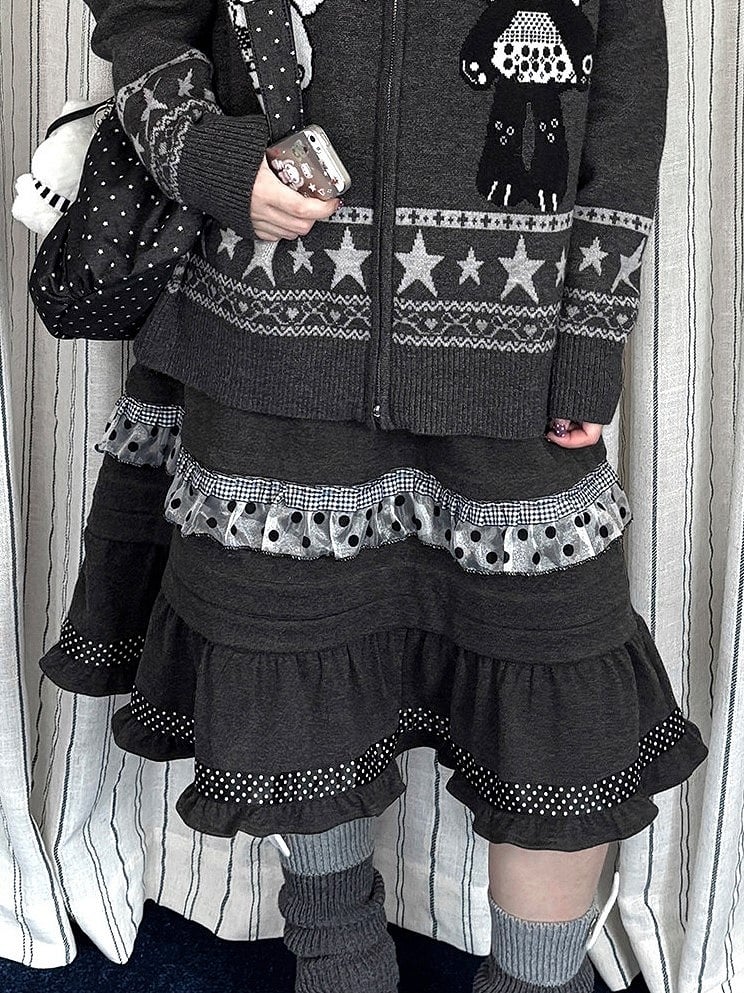 Ruffle Elastic kawaii Daily with Skirt Hemline Grey Waistband