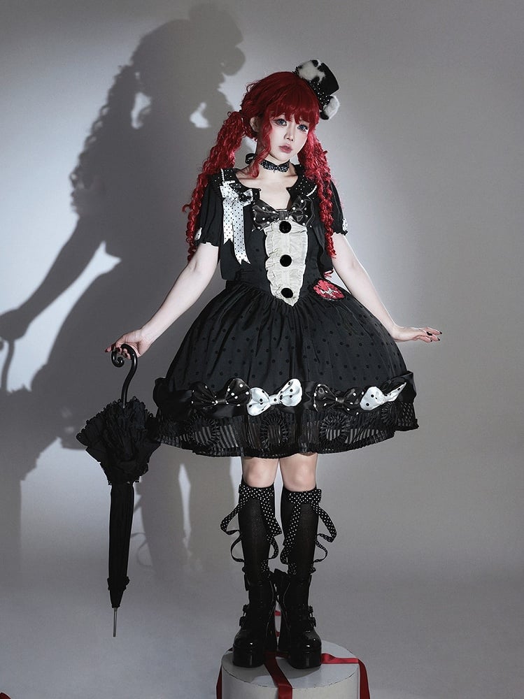 Black White Polka Dot Gothic Lolita Jumper Skirt with Bows Striped Hem - Tan Tuan