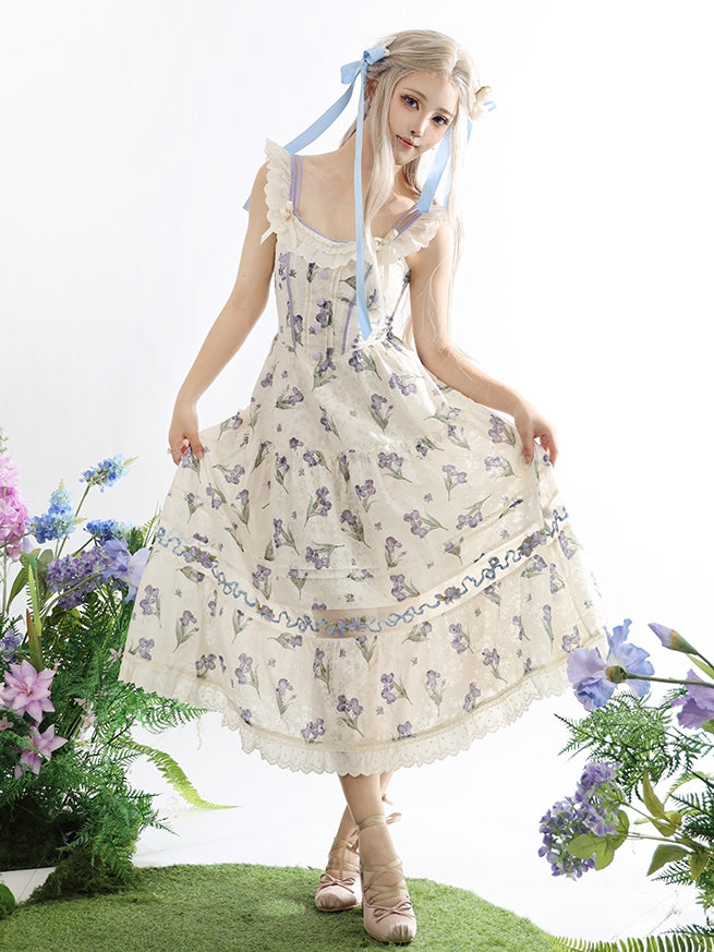 ネックラインジャンパースカート ベージュ オフショルダー パープルアイリス刺繍