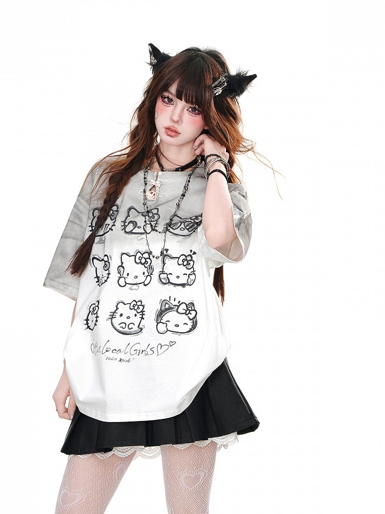 Gradient Gray Round Neck Kitty Loose T-Shirt