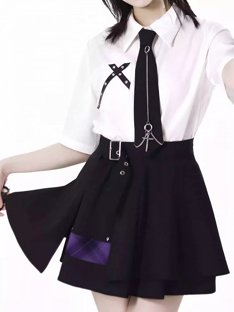 Skort Purple Buckle Strap Design Black  Plaid Patchwork