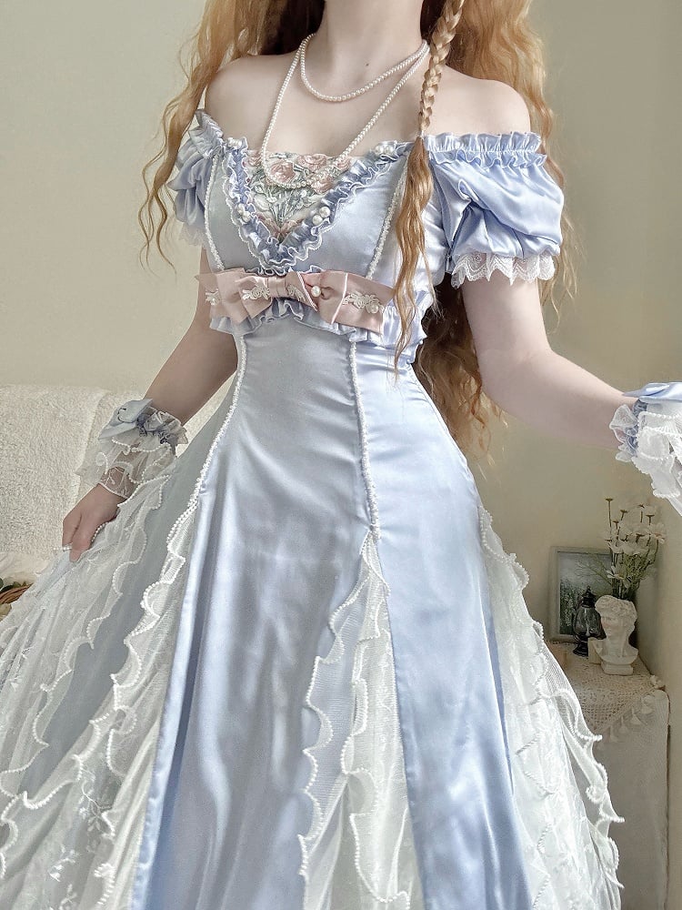 Blue Slim Fit Waist Floral Square Neckline Elegant Lolita Empire Dress BE005