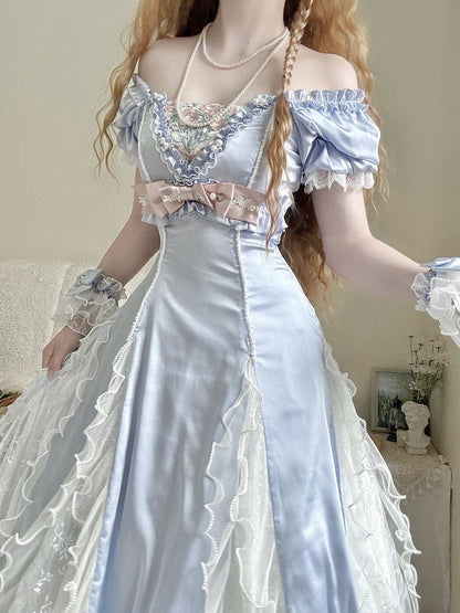 Blue Slim Fit Waist Floral Square Neckline Elegant Lolita Empire Dress BE005