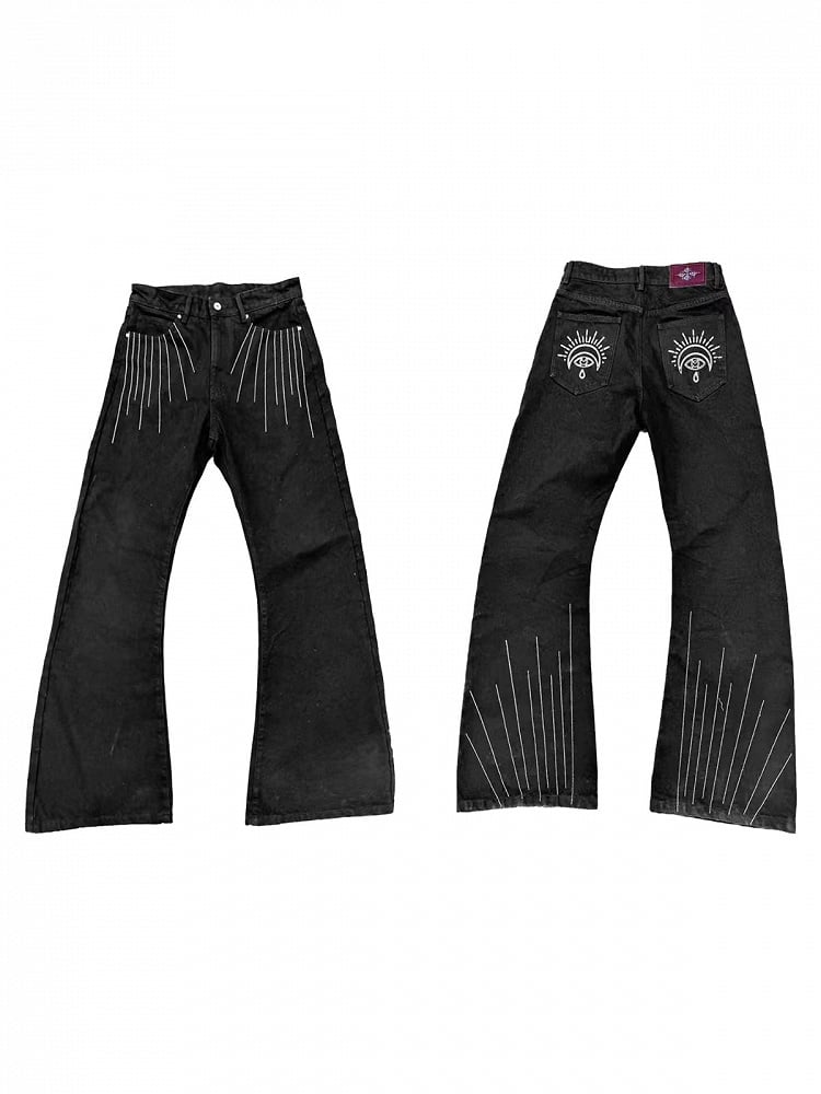 Black Curved Leg Pants with 3D Line Embroidery - DETW OnLine