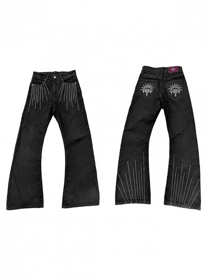Black Curved Leg Pants with 3D Line Embroidery - DETW OnLine