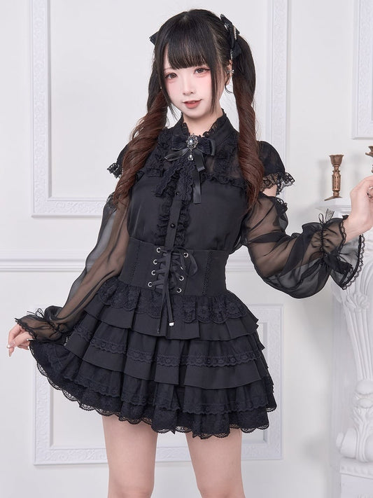 Spitze Lange Ärmel Chiffon Trim und Bluse Jirai Kei Schwarz Schulter Ausschnitt mit