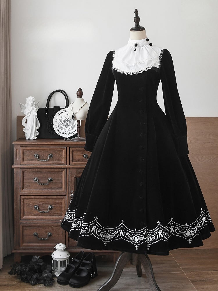 for Black Winter Autumn Details Nun and Embroidery Sleeves Lolita Velvet Dress Long