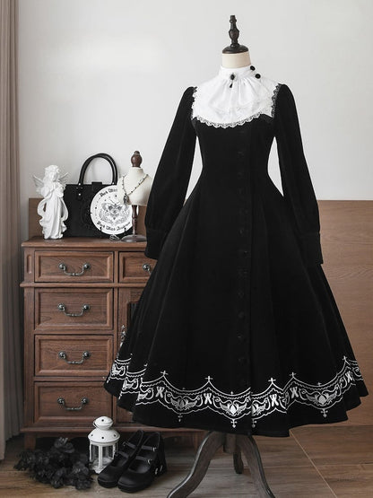for Black Winter Autumn Details Nun and Embroidery Sleeves Lolita Velvet Dress Long