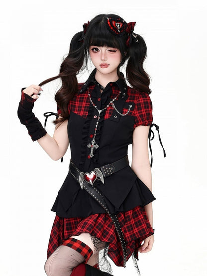 Sweet Edgy Kawaii Red Black Plaid Short Sleeve Top with Ruffle Chain - CRAZY GIRL