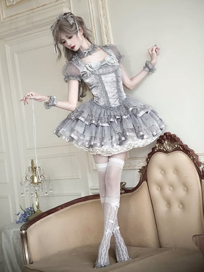 Silberne Ärmel Korsett Kitty Lolita Bunny Puff Grau und kurzes Kleid Print