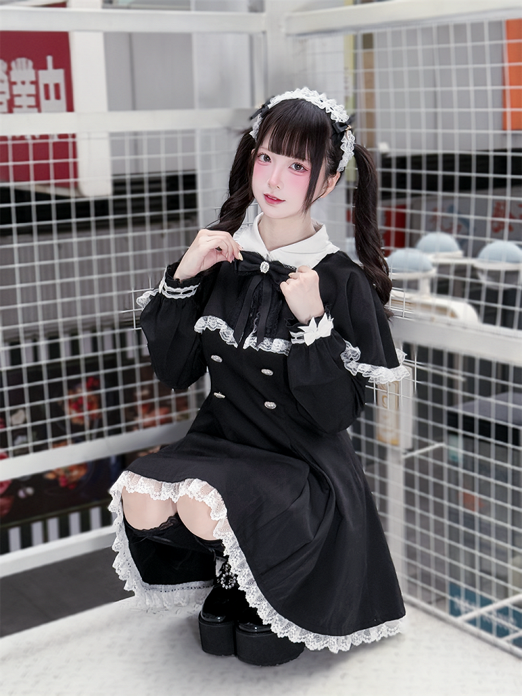 Tie Dress Kei Trim Bow Lace Winter for Free Jirai Cape White + Fall : Black