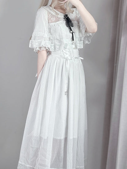 Kei Design Jirai Long and Lace-up Waist Fabric with Cape White Dress Chiffon