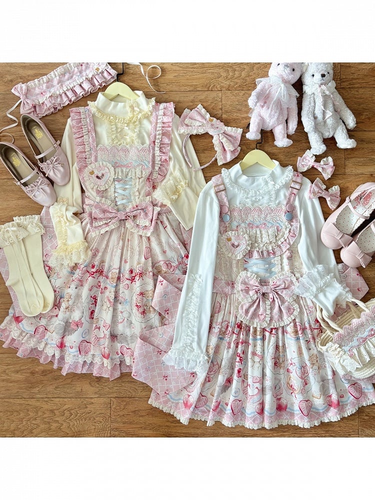 Beige Long Sleeve Lolita Top with Lace Trim - wawao good night bear