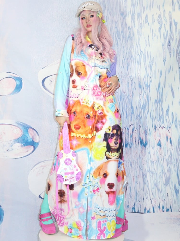 Shirt Length Y2K Puppy Ankle Dress Color Rainbow Print