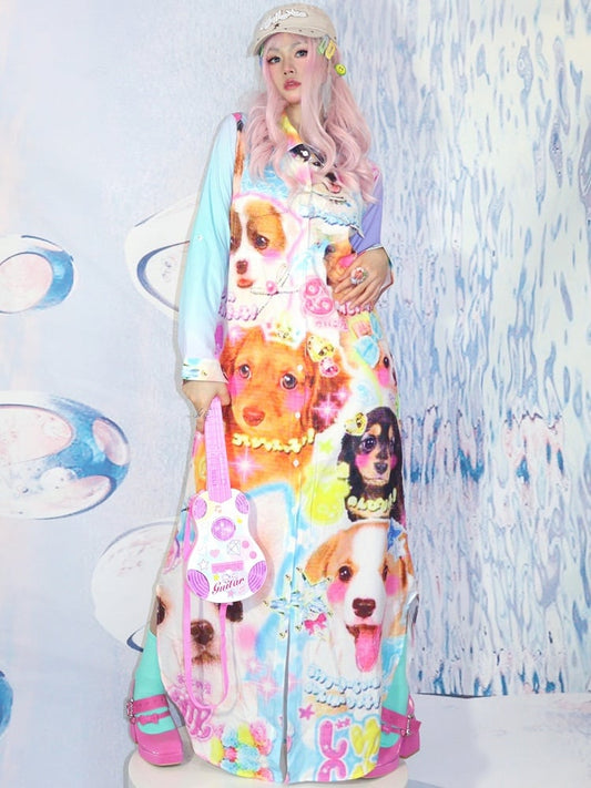 Shirt Length Y2K Puppy Ankle Dress Color Rainbow Print