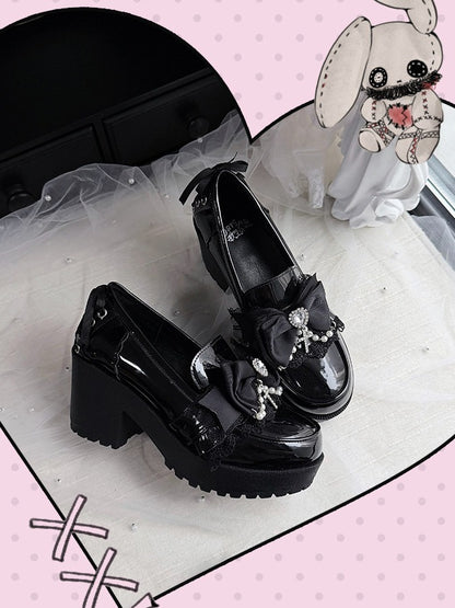 Black Kawaii Heart Crystal Shoes with Bow & Pearl Chain - Sarina