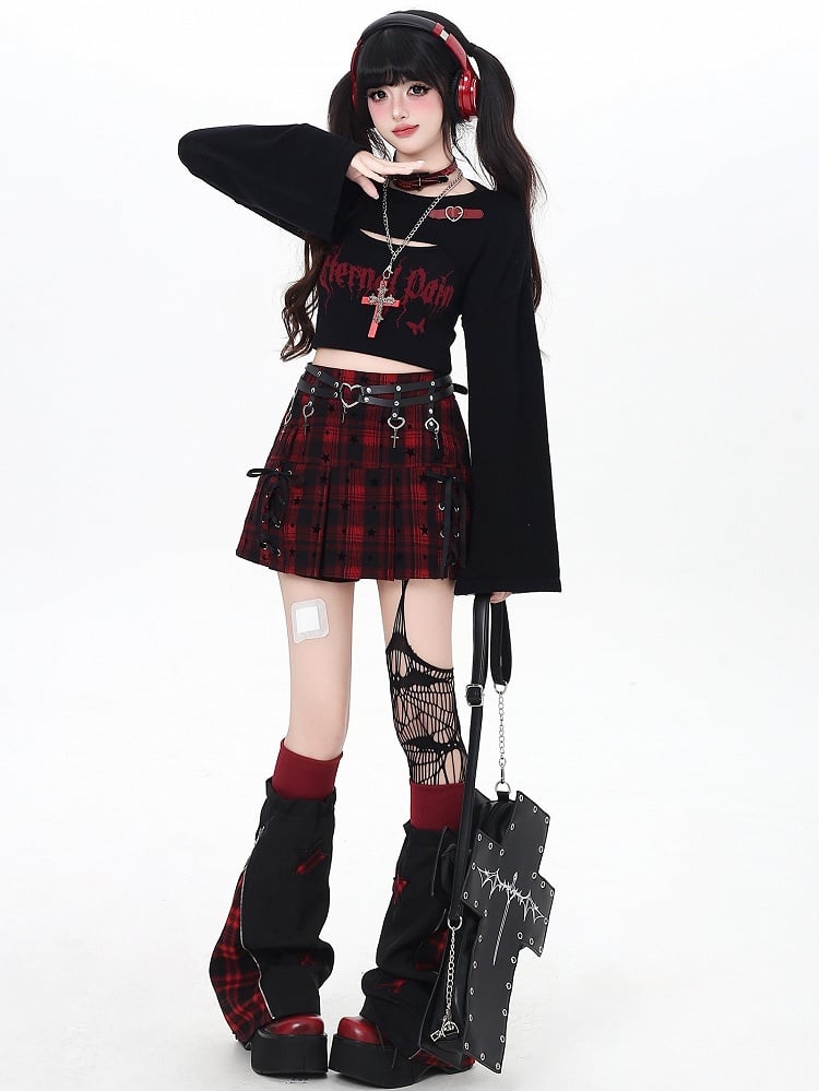 Black/Wine Buckle Bittersweet - Sleeves Long Set Butterfly Top Print Red with Cropped Letter Heart Decor Cami