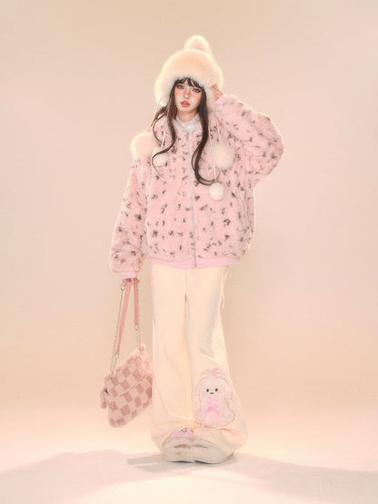 Beige Wide-Leg Pants with Pink Waistband and Embroidered Puppy Design