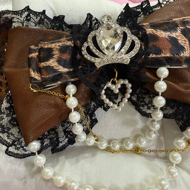 Strass Haarspange Perlen Spitze Muster Trim Bowknot Schwarzbraun Krone Verziert Charme Leopard