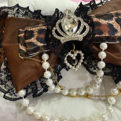 Strass Haarspange Perlen Spitze Muster Trim Bowknot Schwarzbraun Krone Verziert Charme Leopard