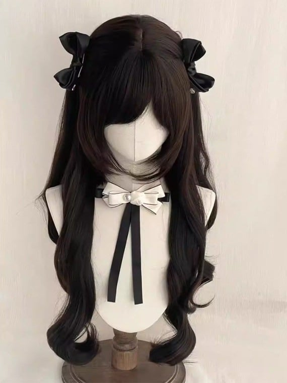 Black Tea 75cm Long Wavy Curly Full Bangs Wig - Meow Island Wig