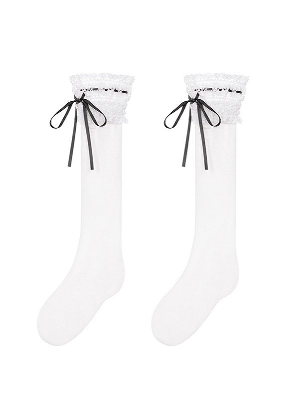 White Cotton Under Knee Stockings with Red / Black Bow Tie Accent & Lace Cuff