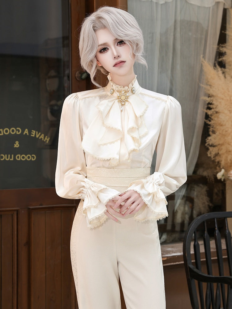 Ivory Ruffled High-Neck Poet Shirt with Jabot Tie - DevilInspired Exclusive Collection
