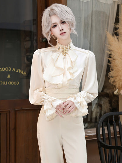 Ivory Ruffled High-Neck Poet Shirt with Jabot Tie - DevilInspired Exclusive Collection