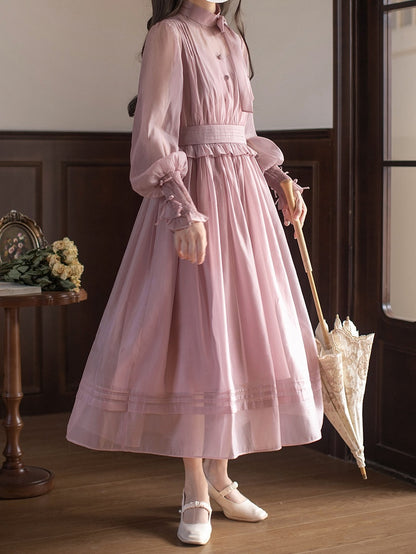 Manschetten Elastisches Mesh-Kleid Altrosa Elegante Details mit Bischofsärmeln Schleife