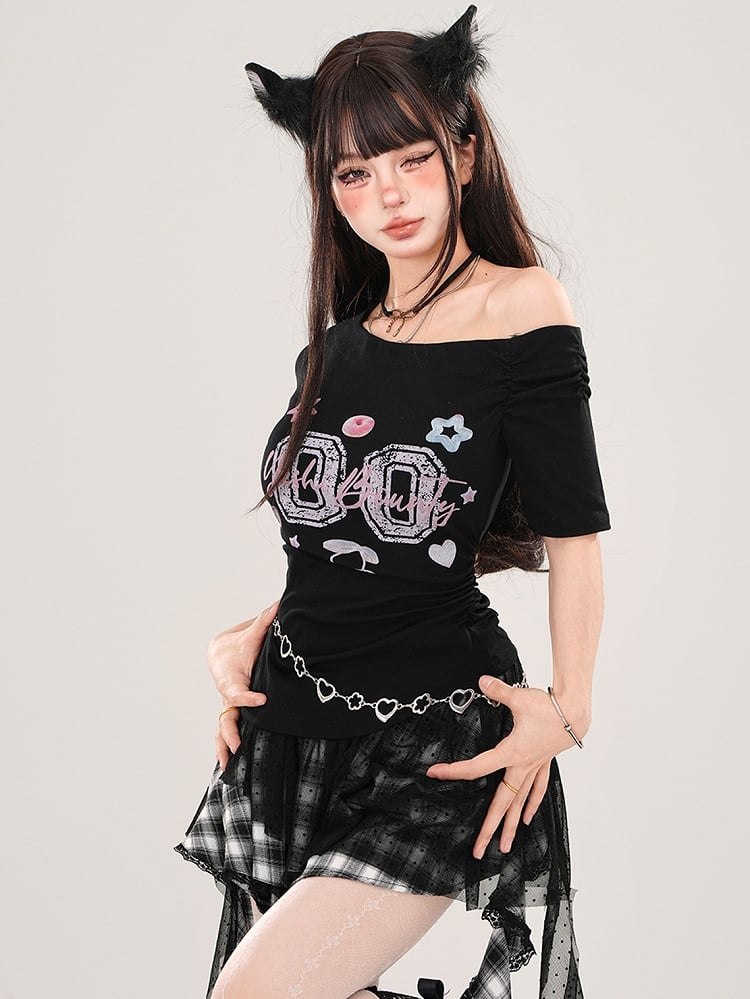 ブラック/ホワイト ルーシュウエスト アシンメトリーネックライン スリムフィット グラフィックTシャツ