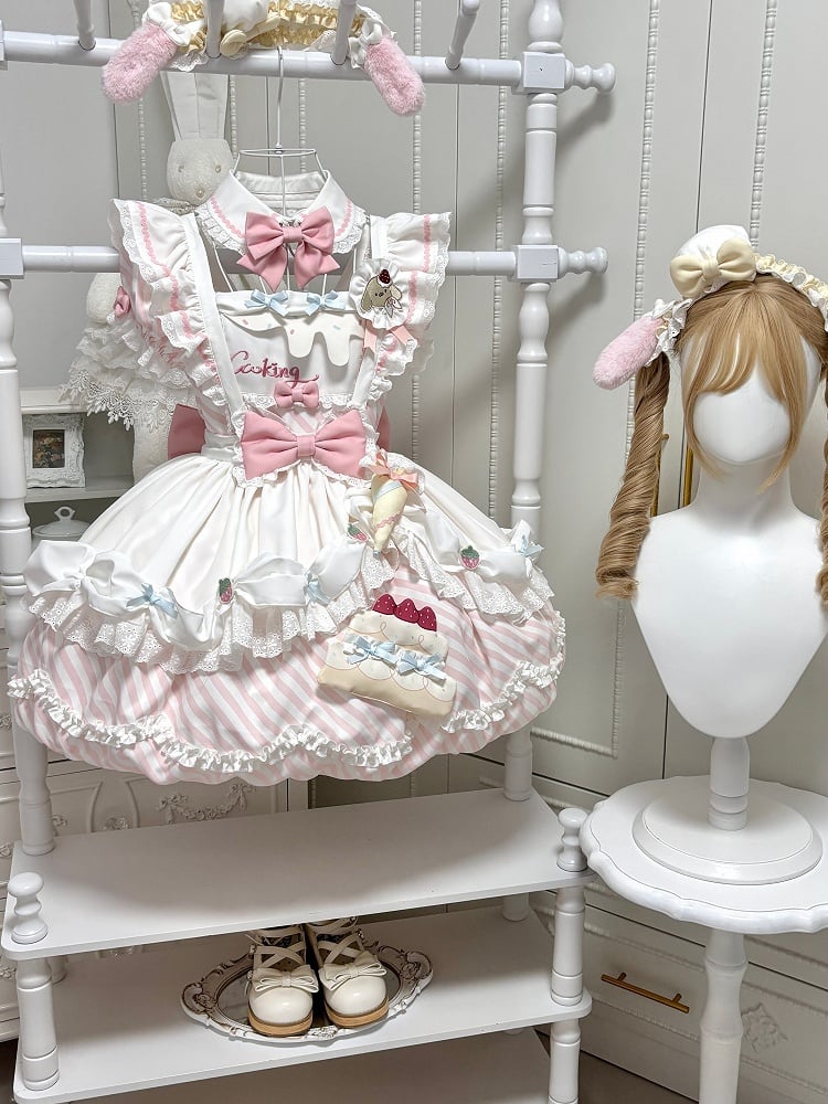 Hairband Train + Set Stripe Bubble Dress Full Lolita with Skirt Sleeves Cake Brooch Apron Sweet Pink Decor OP Puppy Bow Detachable
