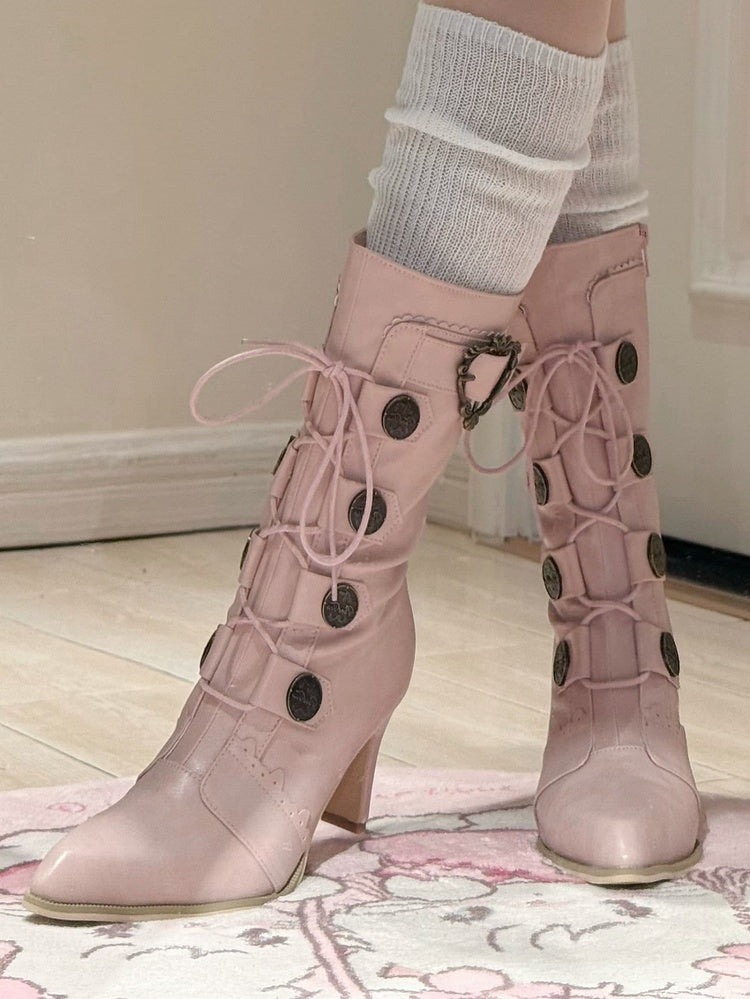 Pink Mid-Calf Pointed Details Lace-Up Design Toe Sakura Boots Leather Lolita Heels with Buckle PU -