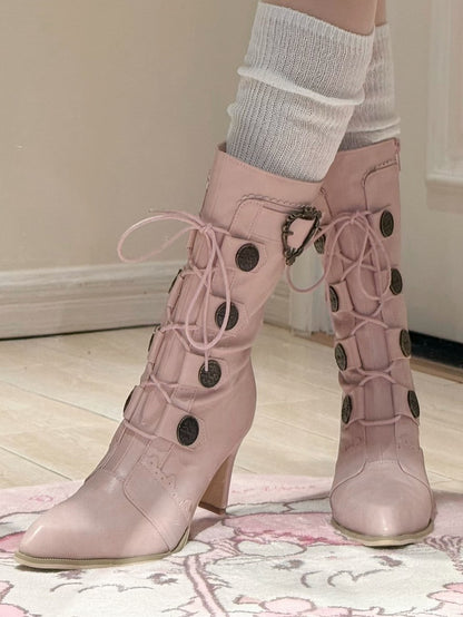 Pink Mid-Calf Pointed Details Lace-Up Design Toe Sakura Boots Leather Lolita Heels with Buckle PU -