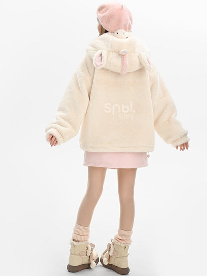 Beigefarbener Fleece-Kapuzenpullover mit Buchstabenmuster und Einhornkopf