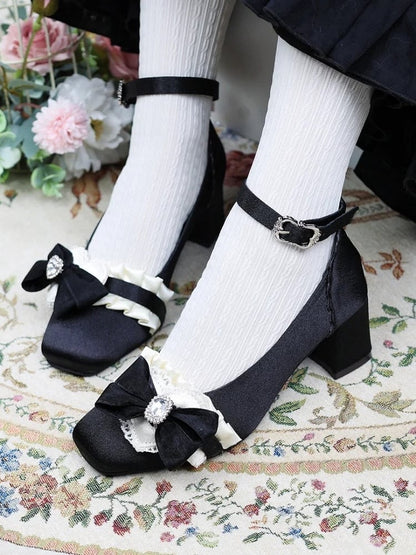 - Lolita Mid Black Heels Sophisticated Square Toe