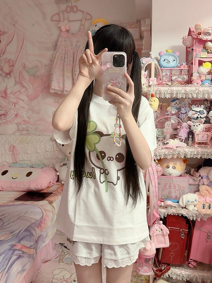 White - Crew Four-leaf with Neck Panda Cotton T-shirt Clover Print