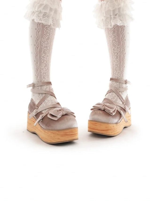 Heel with for Beige - Straps Janes Crossed Sweet Bow Platform Decor Lolita Mary
