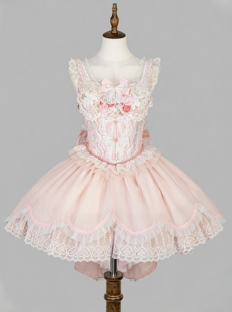 Lace-Trimmed Lolita Bow Lace Corset Pink Top + Decorated Skirt Jacquard Sweet and