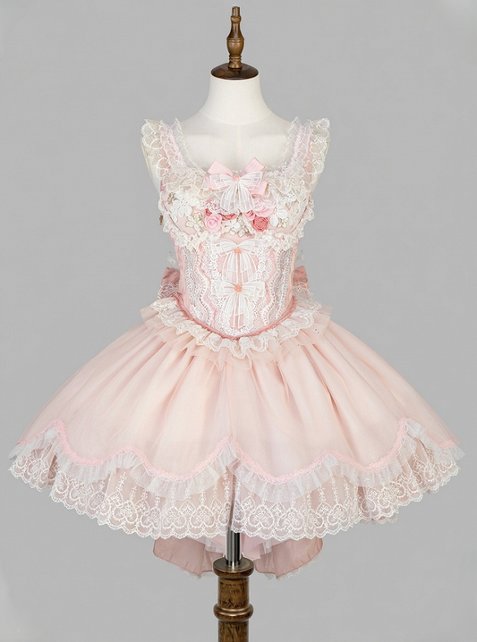 Lace-Trimmed Lolita Bow Lace Corset Pink Top + Decorated Skirt Jacquard Sweet and