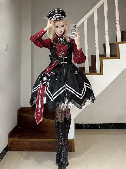 and Lolita Military Bow Black Red Embroidered Sash Motif Striped with