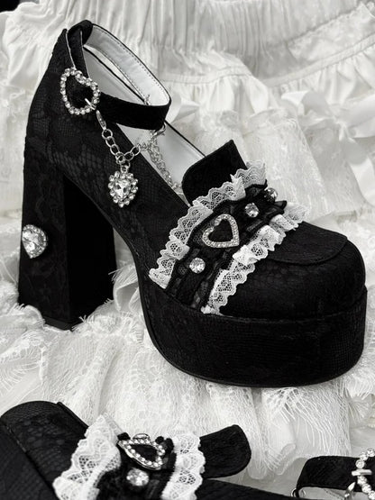 Heels: Jirai Chunky Lace with Black 12cm Heel Block Platform Kei